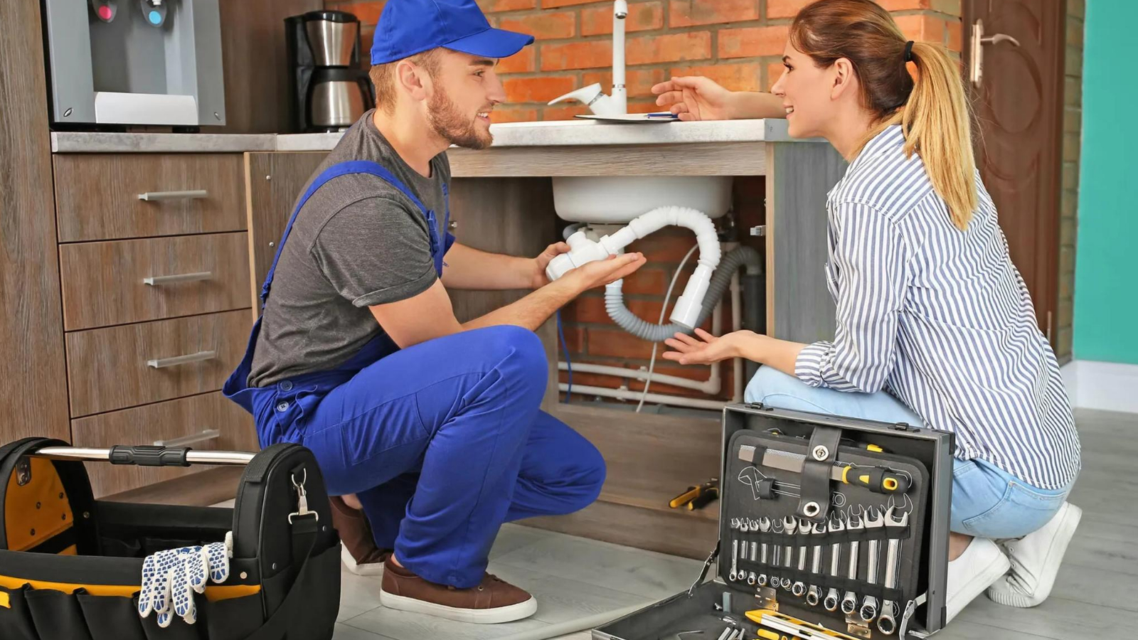 professional plumber consulting with satisfied customer next to kitchen sink