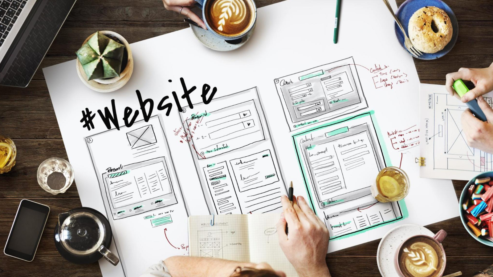 website development layout sketch with website elements and user flow noted