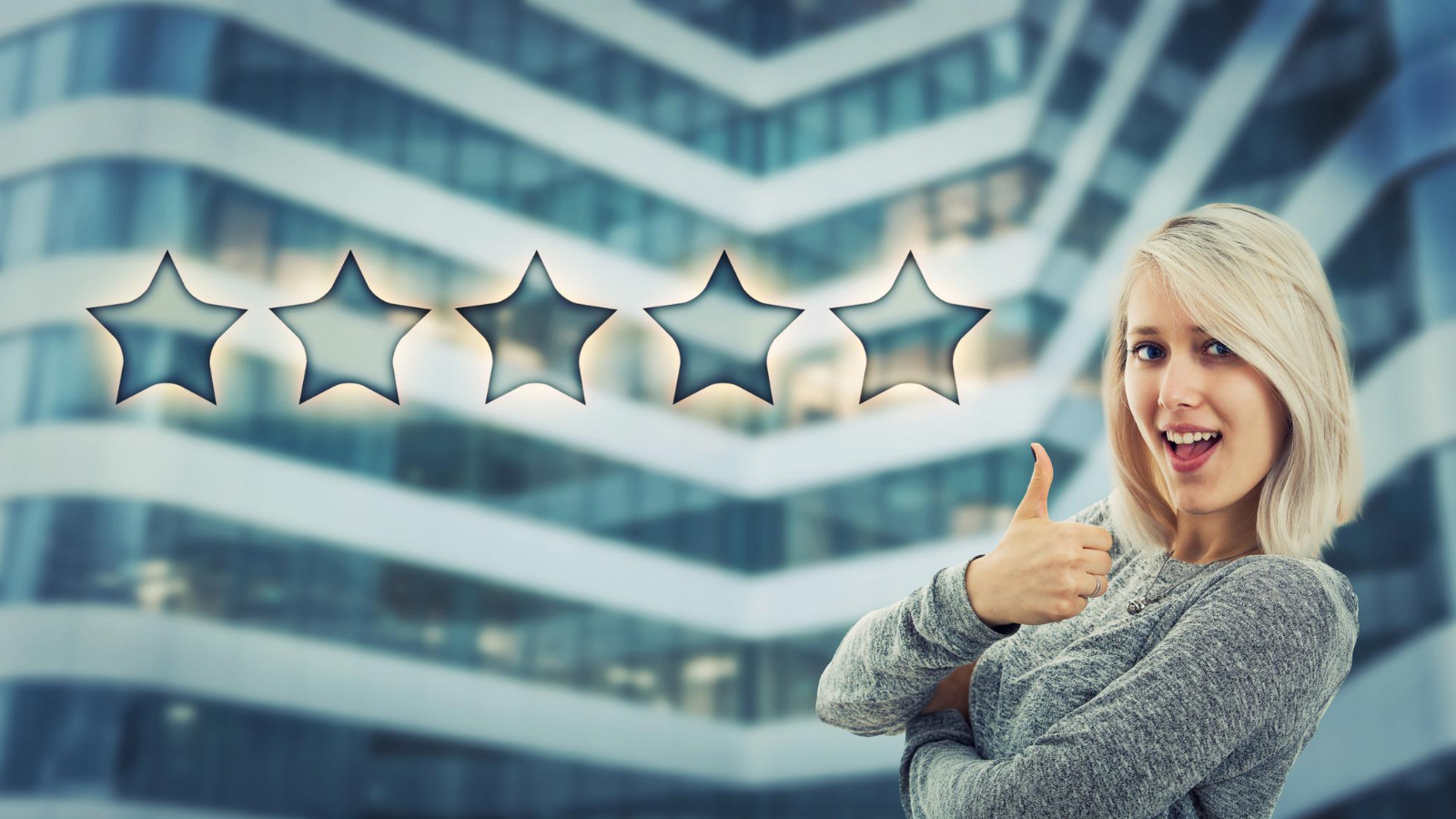 women smiling and showing thumbs up in front of a 5-star background on the left